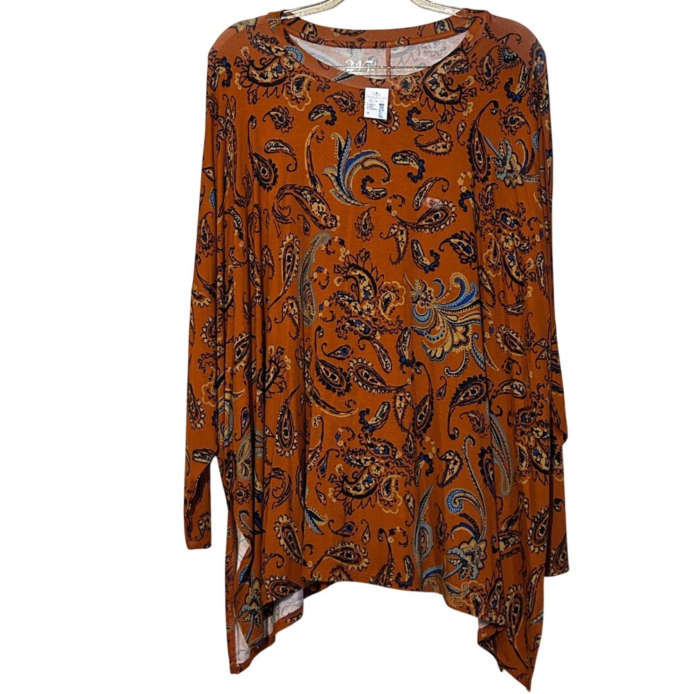 Maurices 24/7 Womens 2X Rust Orange Paisley Sharkbite‎ Hem Long Sleeve Tunic Top
